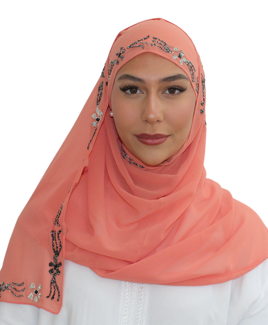 Flowery - Hijab Mousseline Saumon